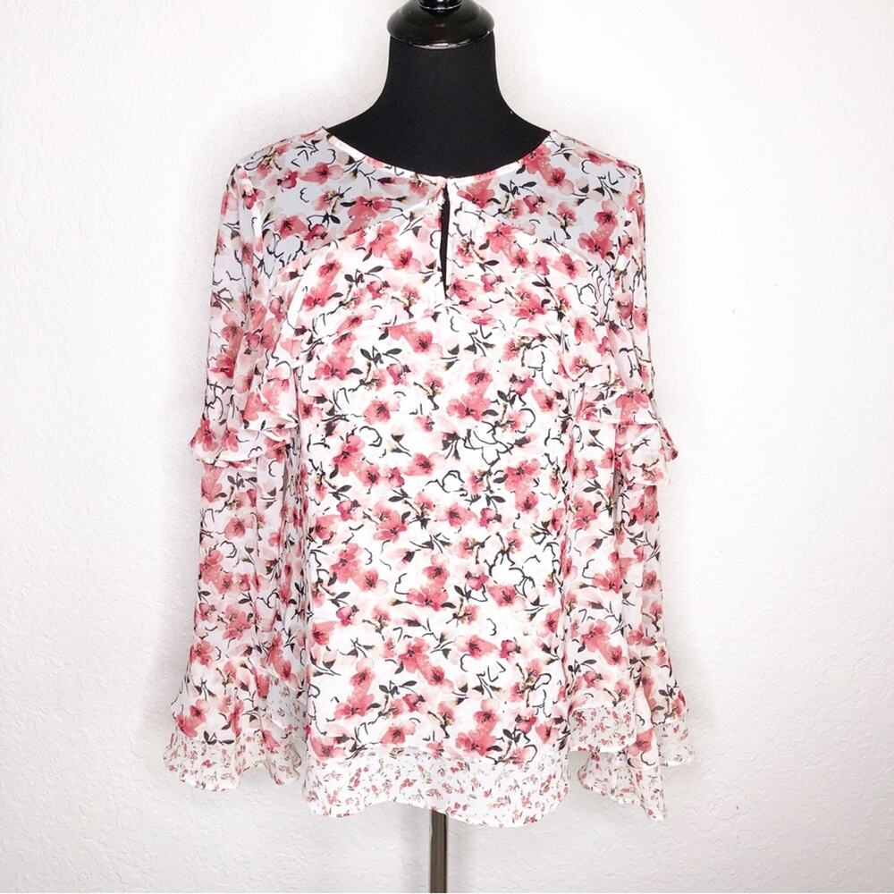 WHBM white pink mixed‎ floral print ruffle trim top size 8